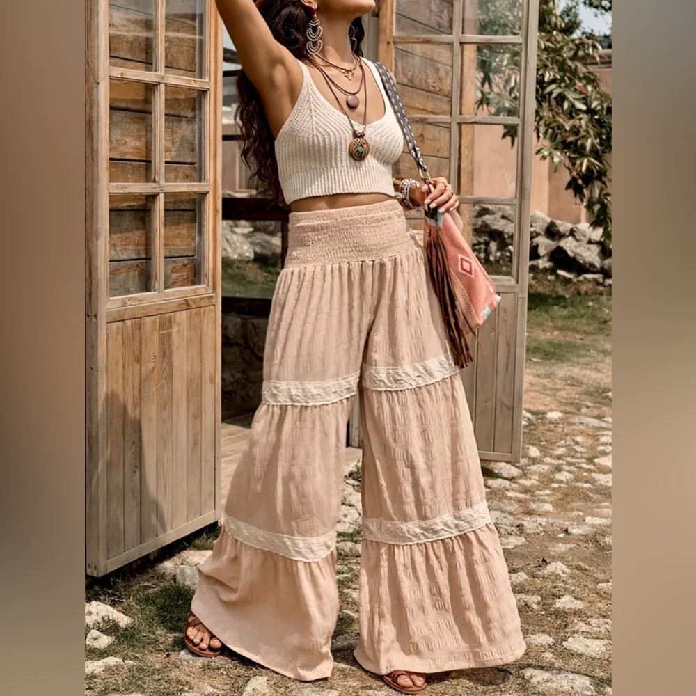 Boho Chic Crochet Lace Tiered Wide Leg Textured Palazzo Pants Coastal Cowgirl L - Picture 5 of 8